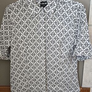 Womens Black and White Geometric Shirt, Covered Placket, French Cuffs
